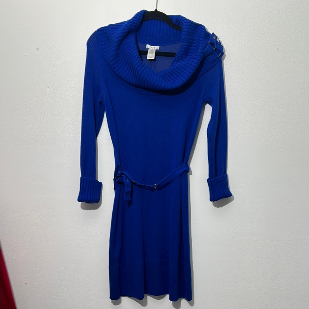 Vintage 90s 00s Cache cowl neck Blue Wool Blend Dress